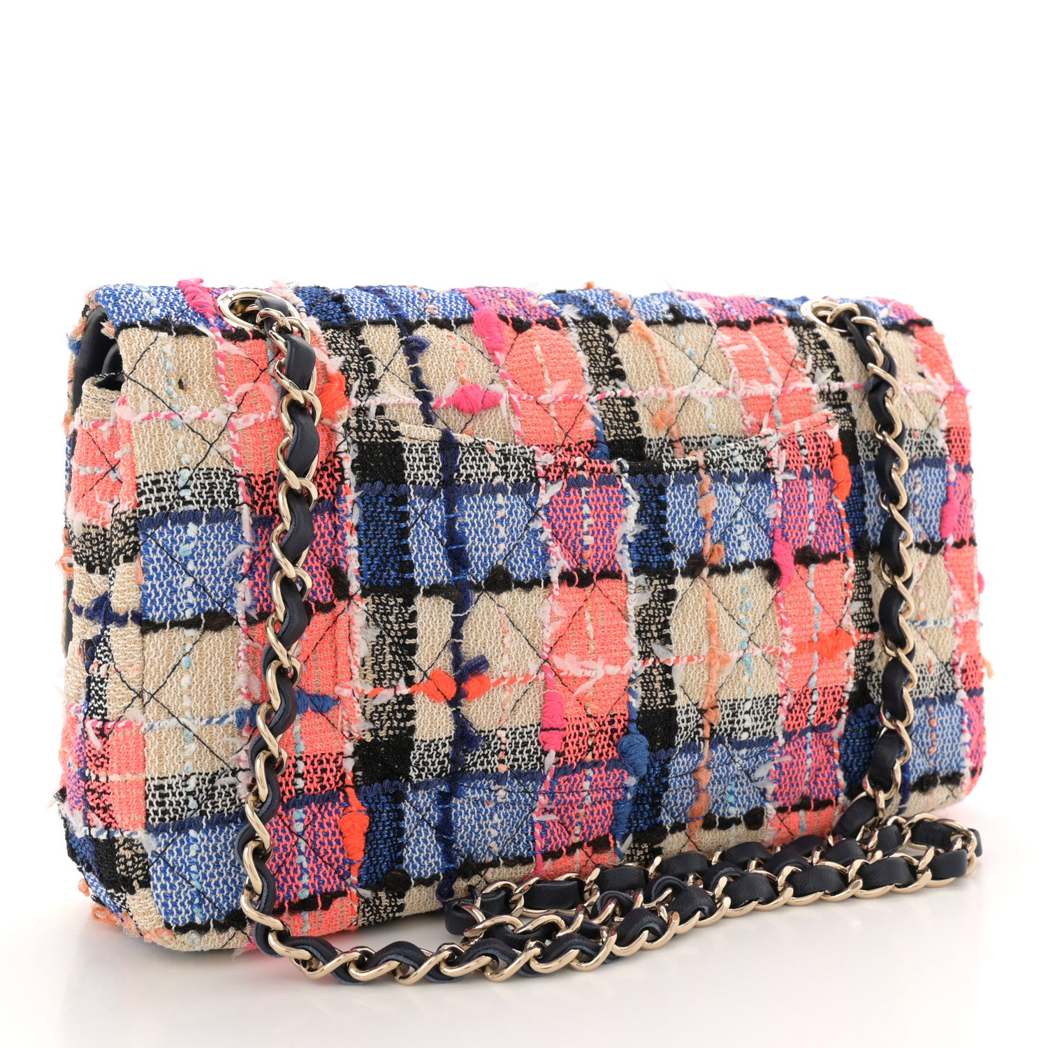 Chanel Tweed Quilted Medium Double Flap Blue Orange Yellow 3 of 12