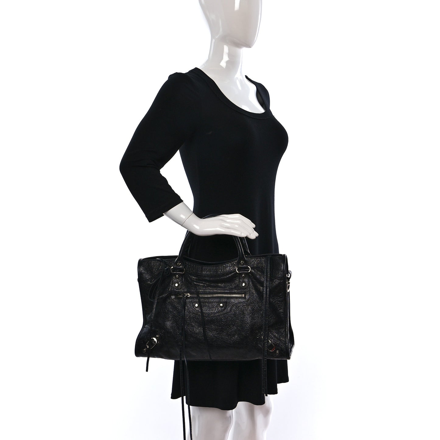 Agneau Classic Silver Hardware City Logo Strap Black White