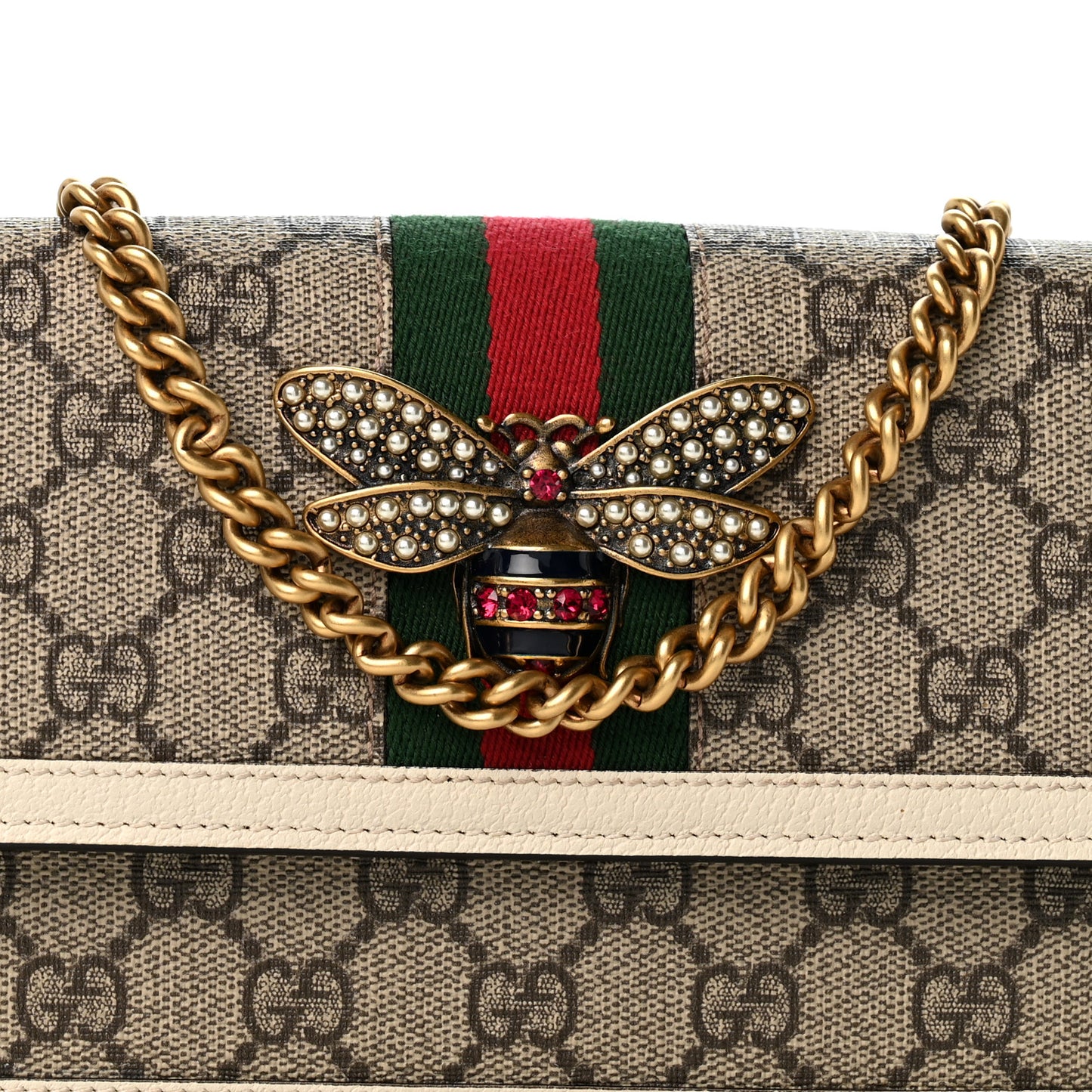 GG Supreme Monogram Web Queen Margaret Chain Wallet White