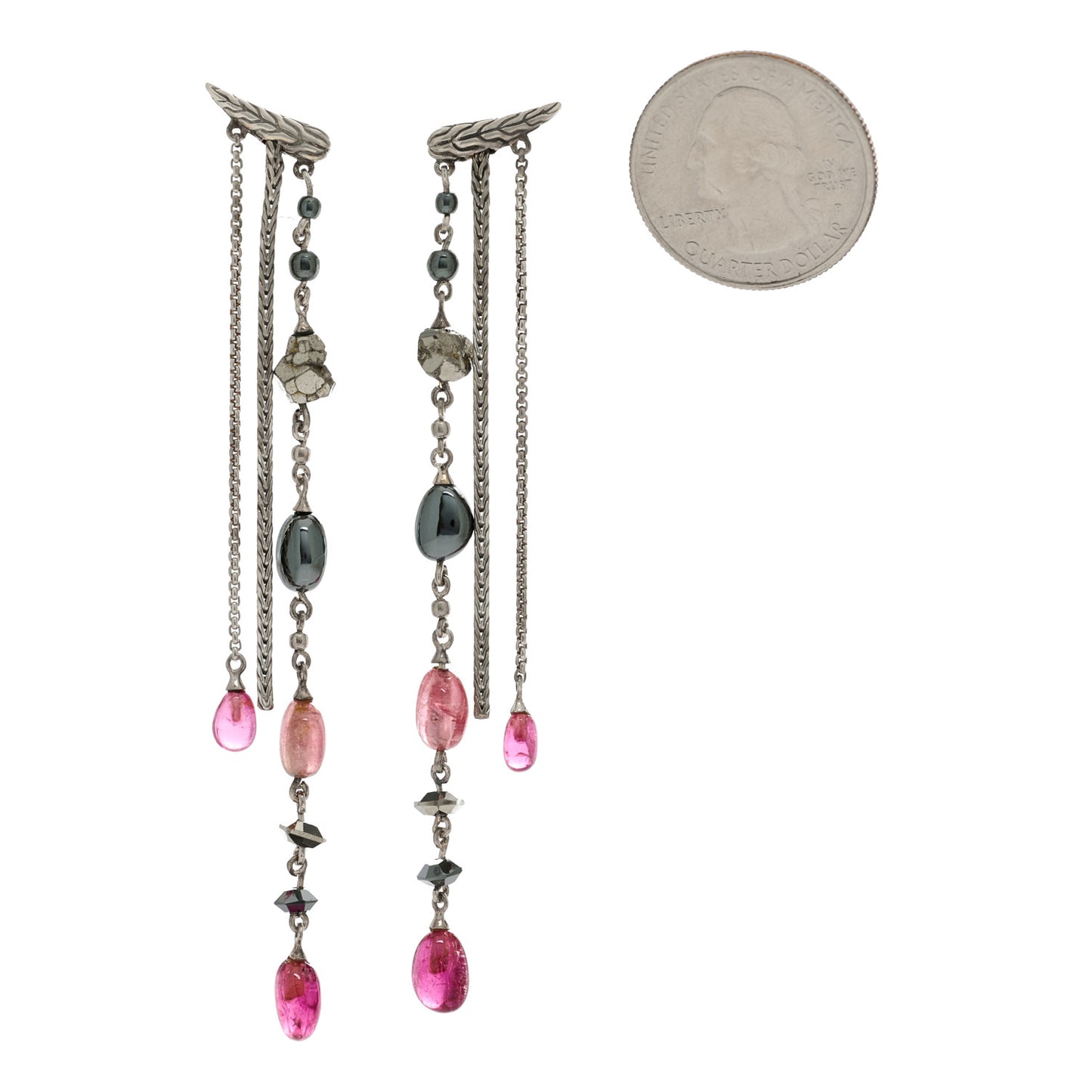 X Adwoa Aboah Sterling Silver Pink Tourmaline Pyrite Hematite Classic Chain Drop Earrings