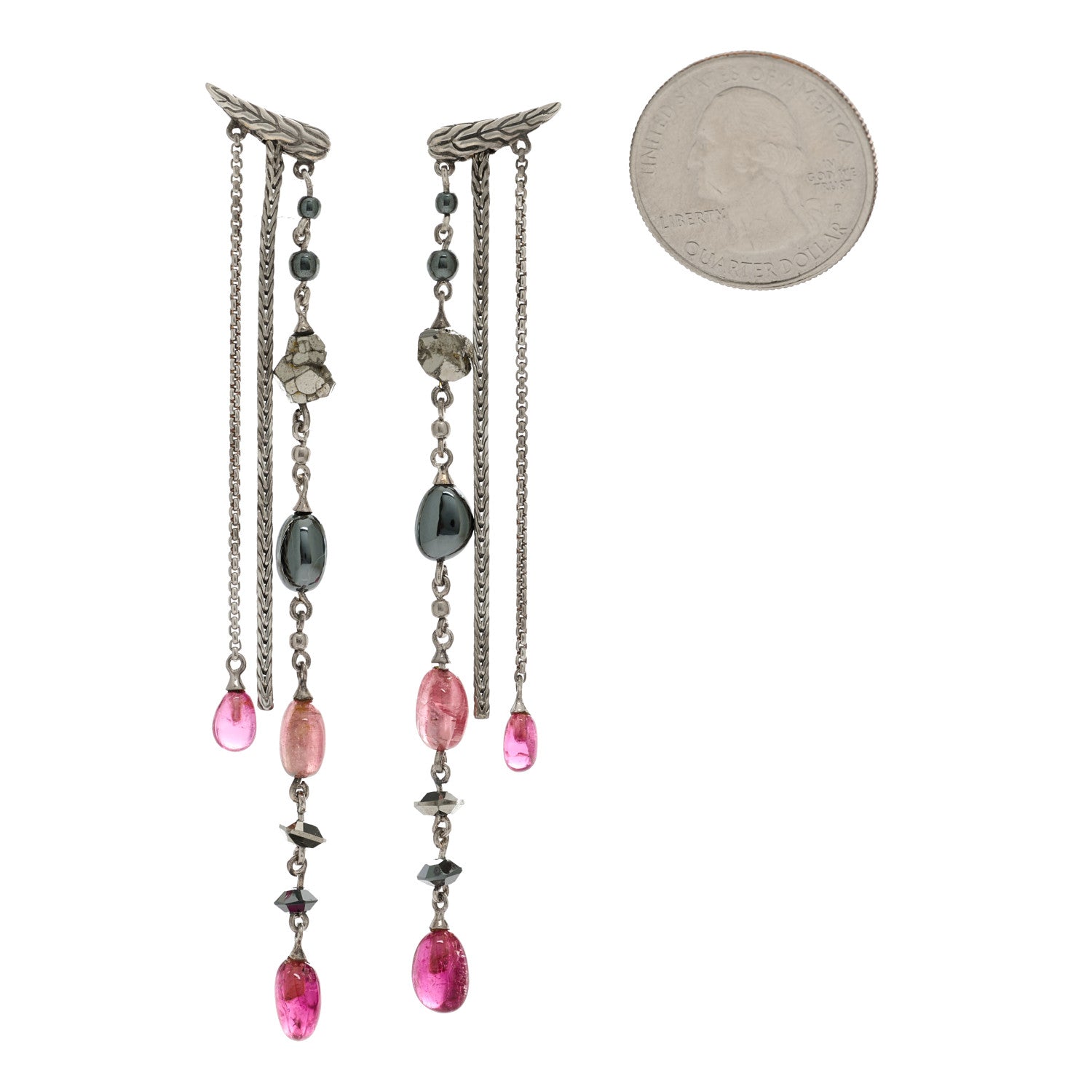 John Hardy X Adwoa Aboah Sterling Silver Pink Tourmaline Pyrite Hematite Classic Chain Drop Earrings 2 of 4