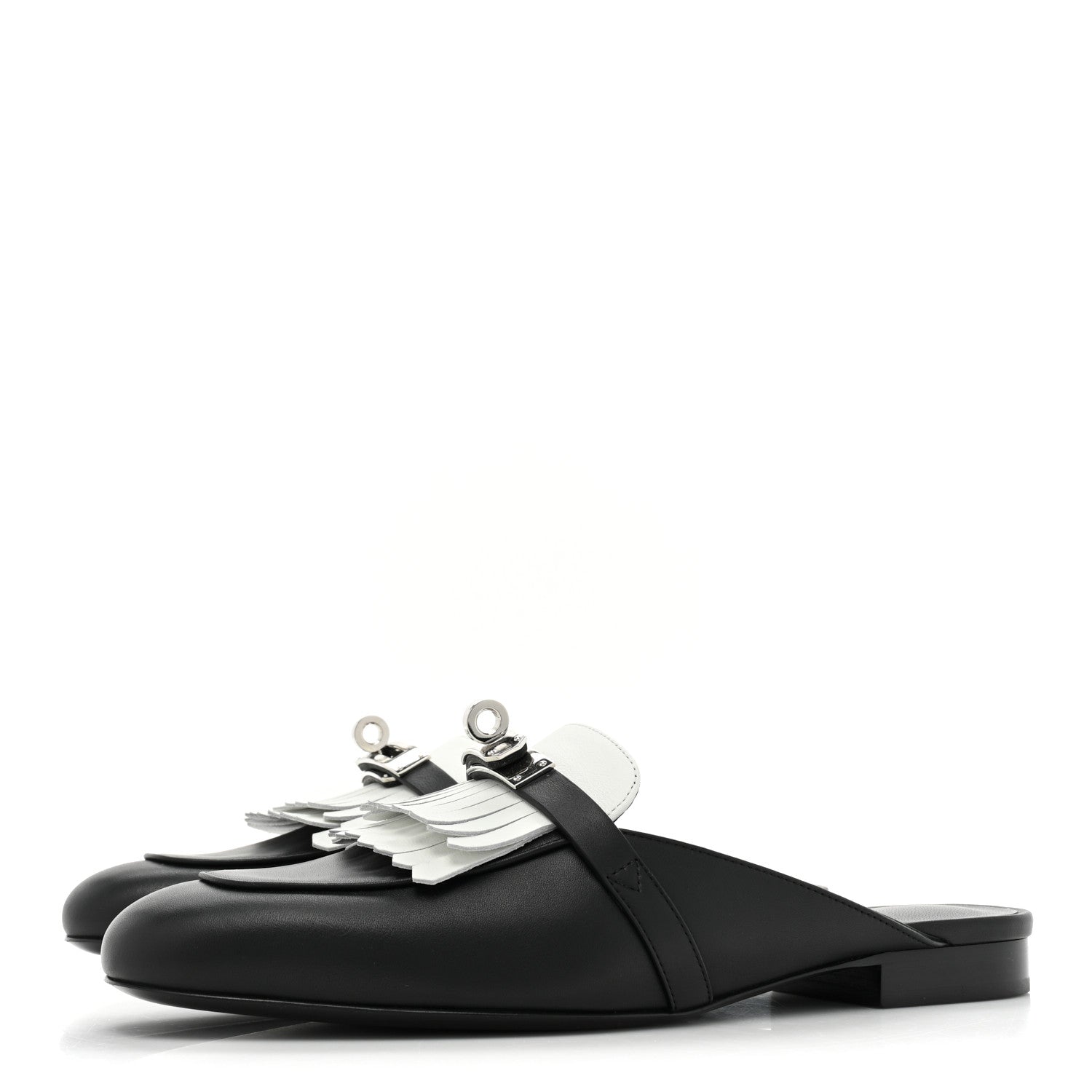 Hermes Calfskin Fringe Oz Mules 38 Black White 3 of 9