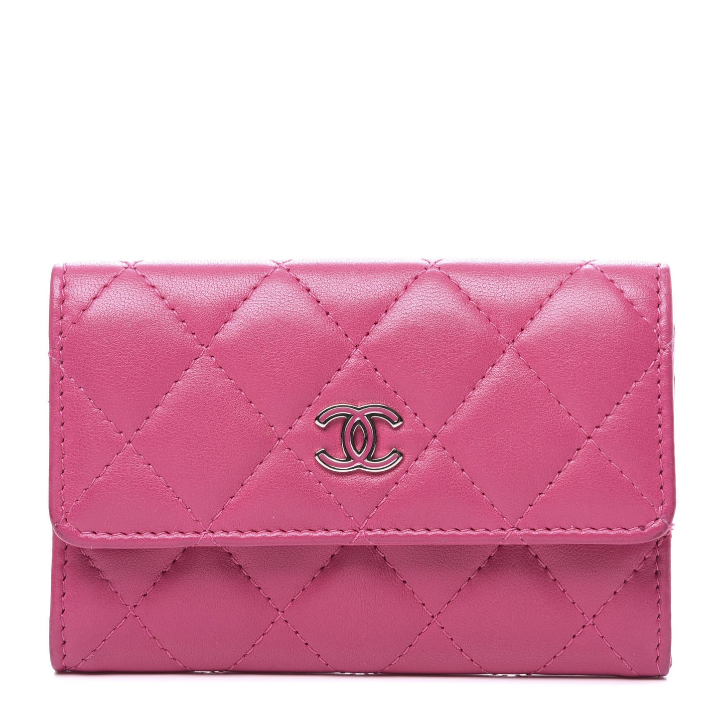 Lambskin Quilted Flap Card Holder Pink