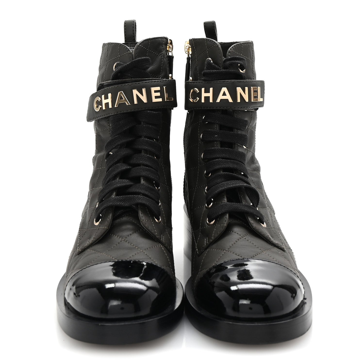 Chanel Lambskin Patent Calfskin Quilted Logo Lace Up Combat Boots 39 Dark Brown Black 3 of 10