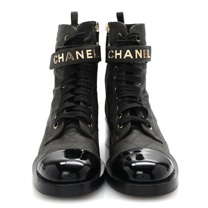 Chanel Lambskin Patent Calfskin Quilted Logo Lace Up Combat Boots 39 Dark Brown Black 3 of 10