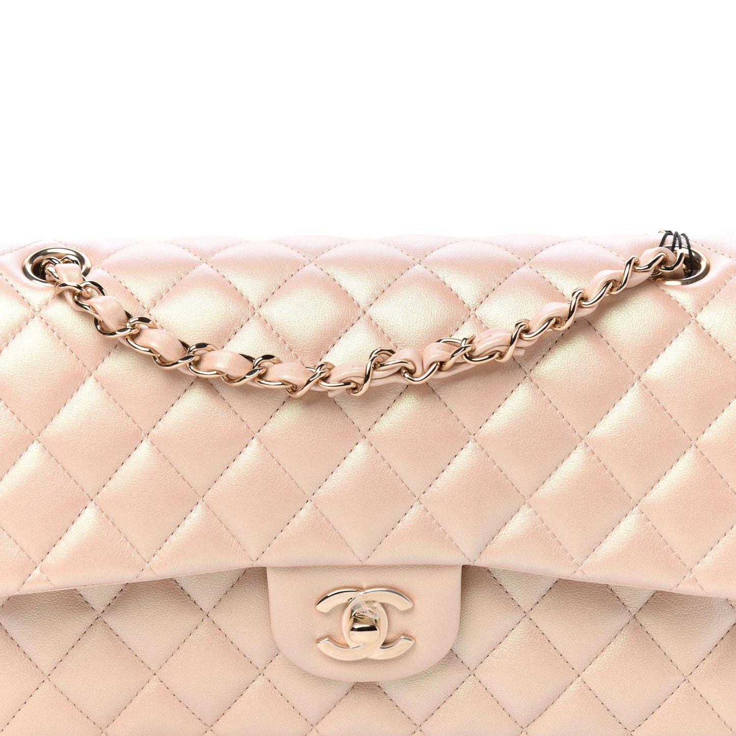 Iridescent Calfskin Quilted Medium Double Flap Beige