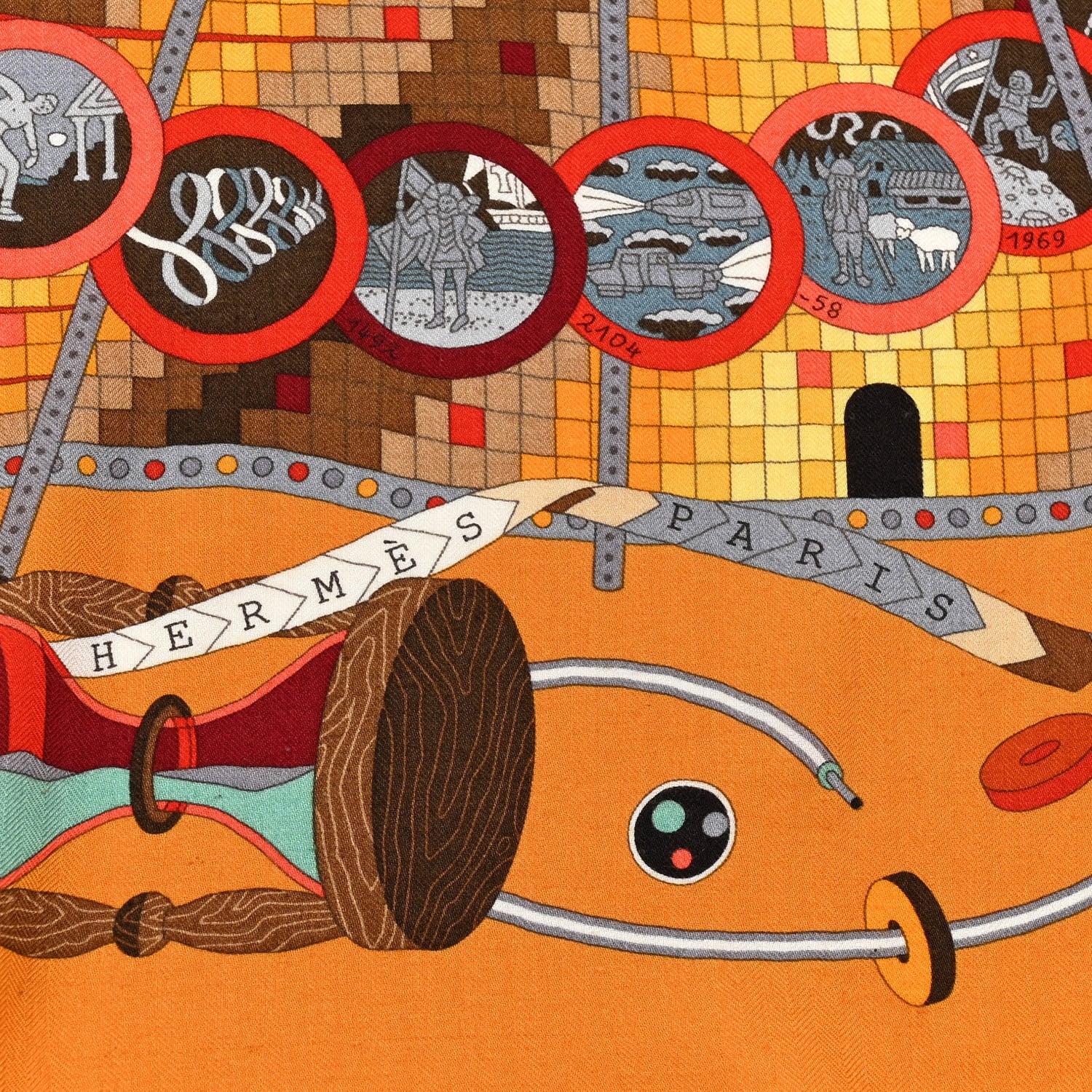 Hermes Cashmere Silk Le Laboratoire du Temps Shawl 140 Caramel Vert Corail 2 of 7