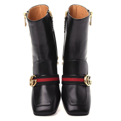 Gucci Betis Glamour Calfskin Web Pearl Embellished Peyton 75mm Ankle Boots 38 Black 5 of 11