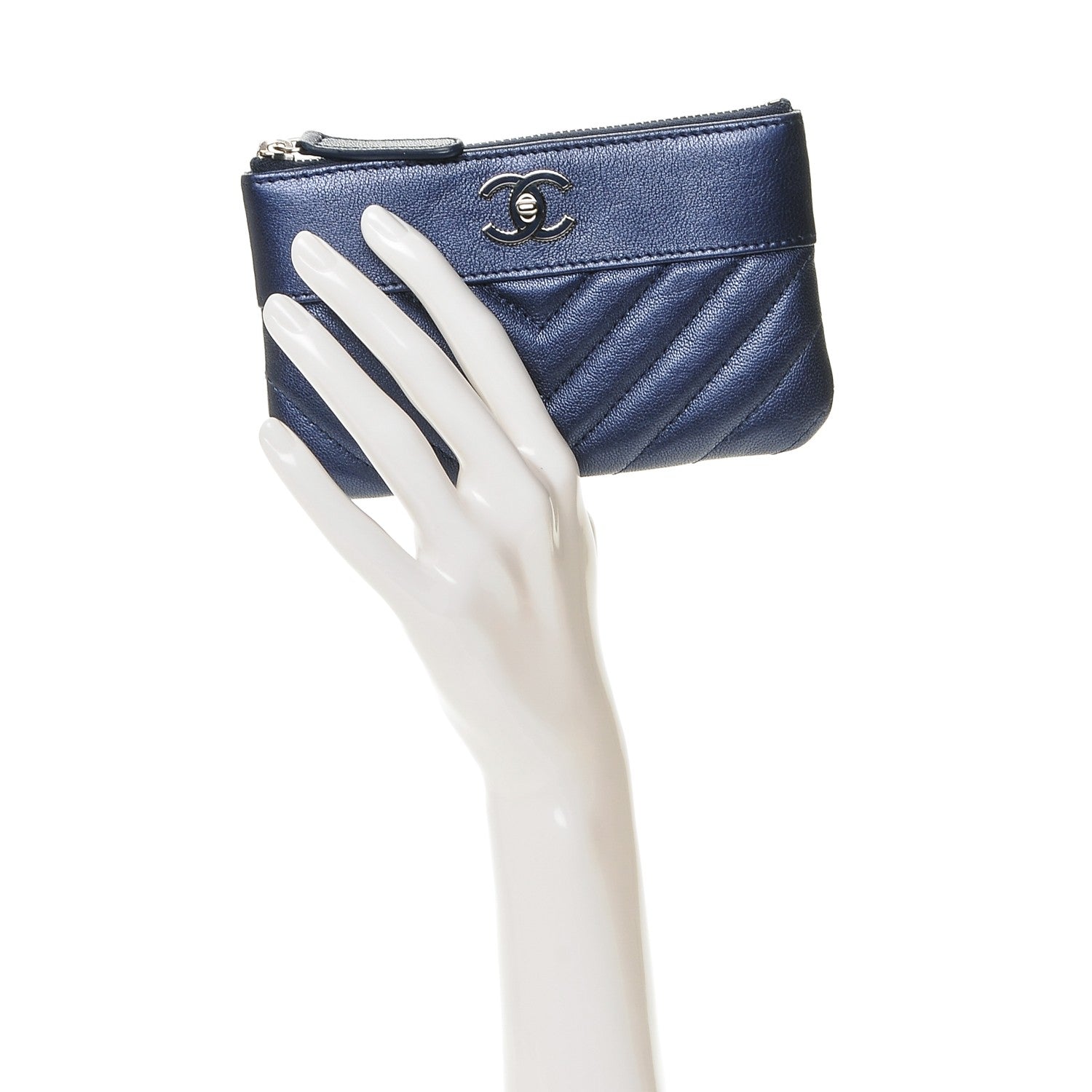 Chanel Metallic Sheepskin Chevron Quilted Small Vintage Mademoiselle Cosmetic Case Navy 2 of 7