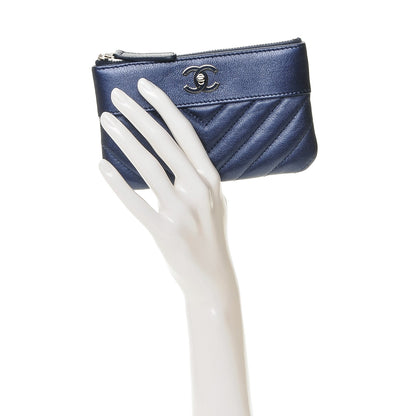 Chanel Metallic Sheepskin Chevron Quilted Small Vintage Mademoiselle Cosmetic Case Navy 2 of 7
