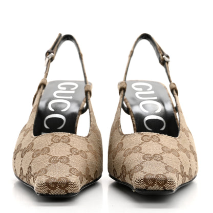 Gucci Monogram Malga Kid Square G 75mm Slingback Pumps 35 Beige Ebony New Acero 2 of 8