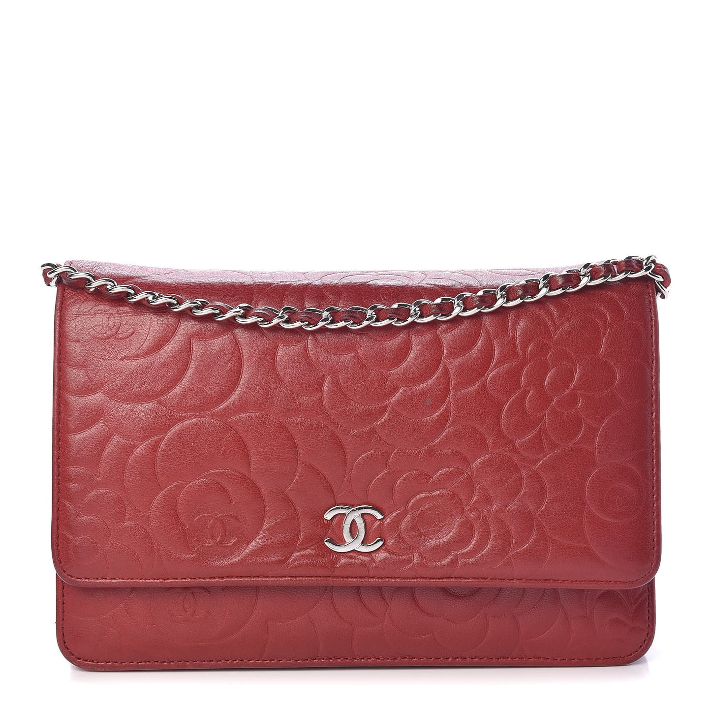 Lambskin Camellia Embossed Wallet On Chain WOC Dark Red