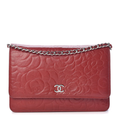 Chanel Lambskin Camellia Embossed Wallet On Chain WOC Dark Red 1 of 14