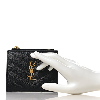 Saint Laurent Grain De Poudre Matelasse Chevron Monogram Zipped Card Case Black 2 of 6