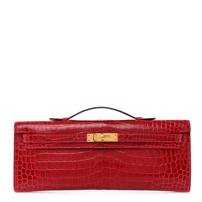 Hermes Shiny Porosus Crocodile Kelly Cut Pochette Rouge Vif 1 of 11