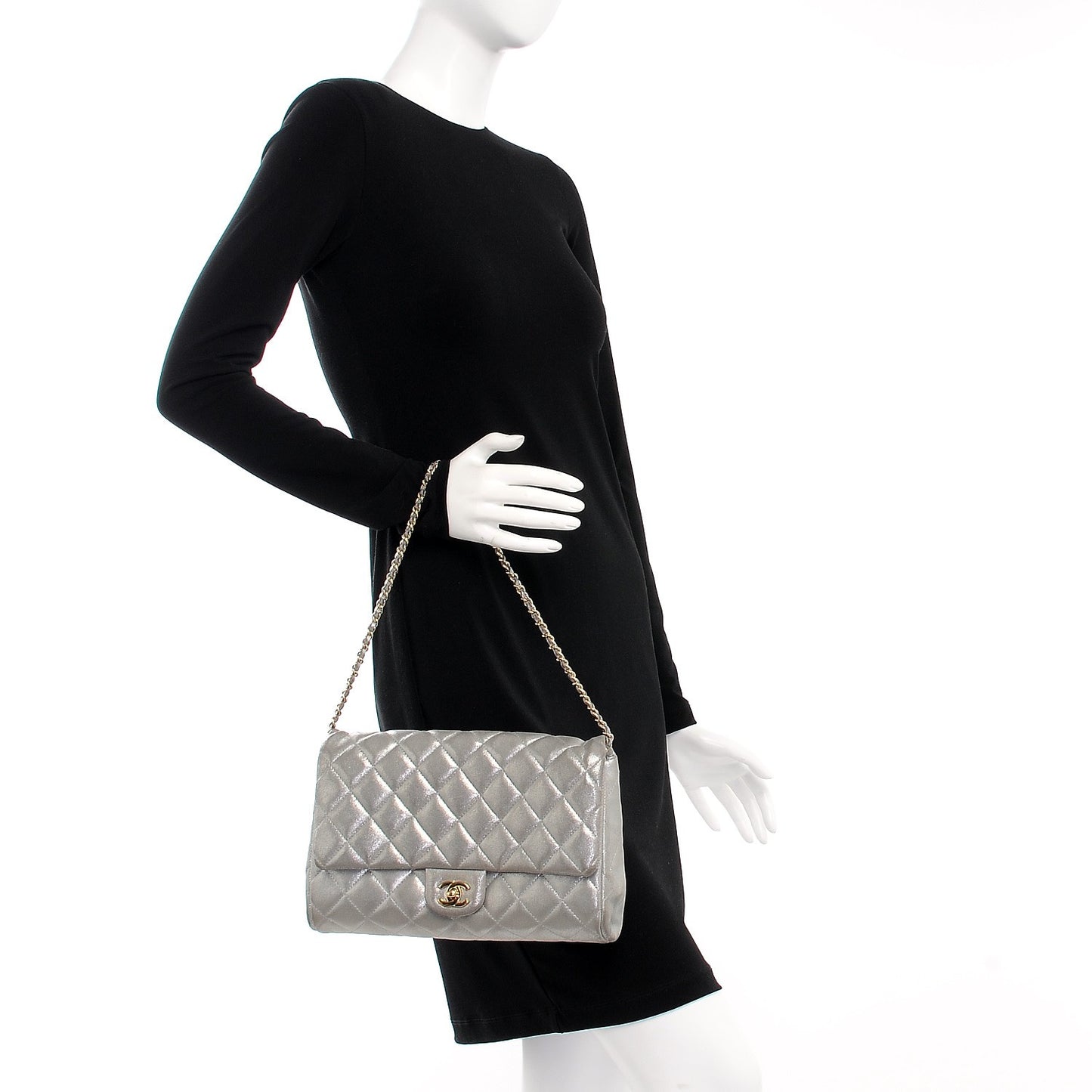 Iridescent Calfskin Clutch With Chain Flap Silver