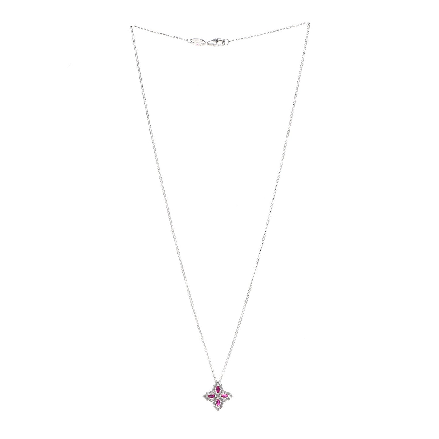 18K White Gold Diamond Ruby Princess Flower Pendant Necklace