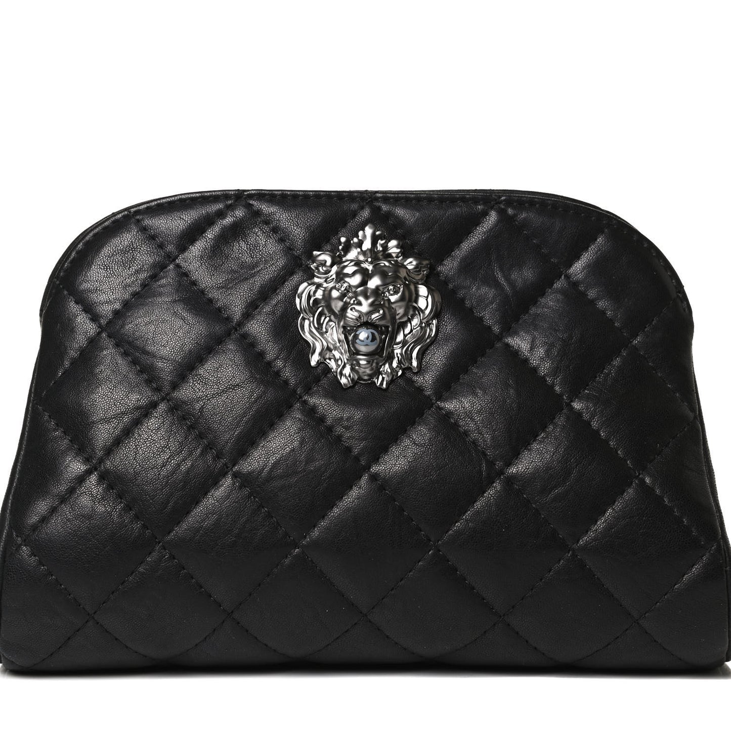 Aged Calfskin Quilted Leo Lion Clutch Black