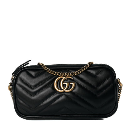 Gucci Calfskin Matelasse Mini GG Marmont Chain Crossbody Bag Black 1 of 8
