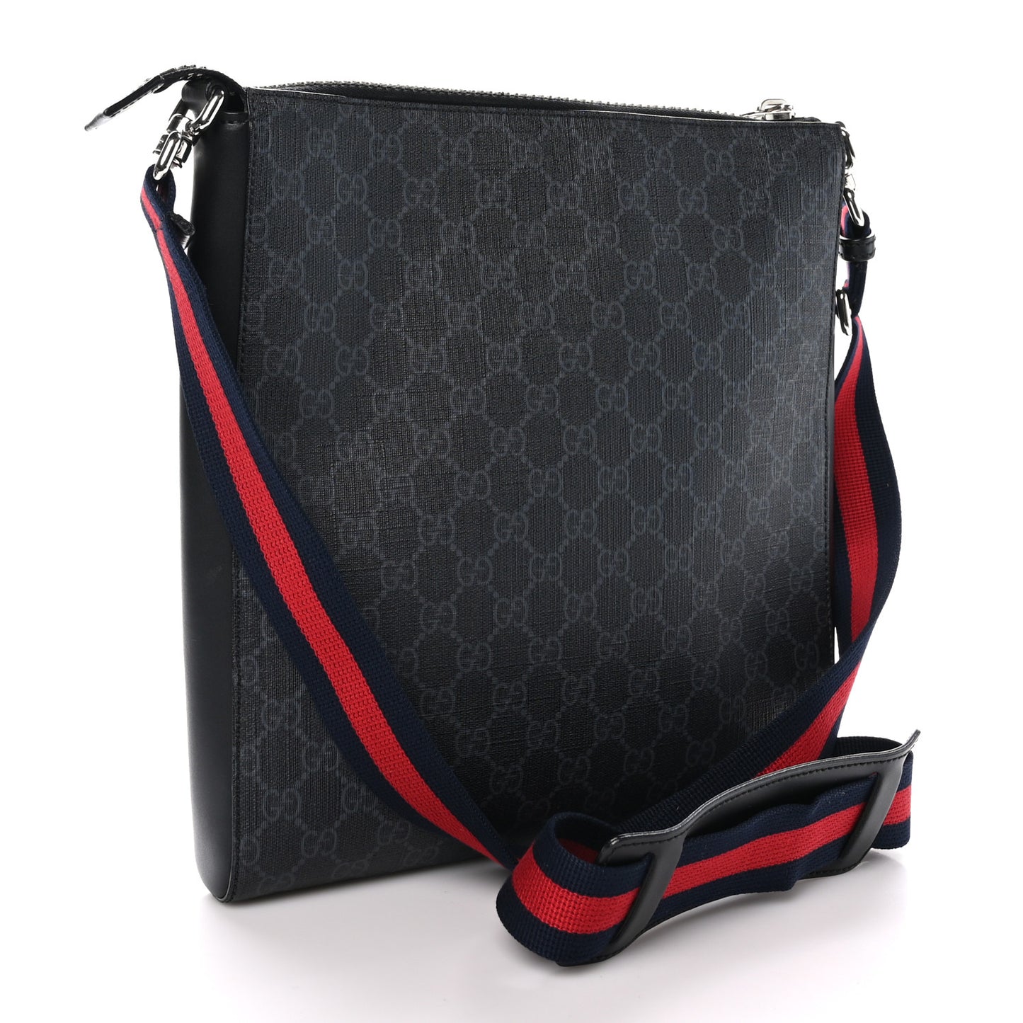 GG Supreme Monogram Appia Calfskin Web Flat Messenger Bag Black Grey