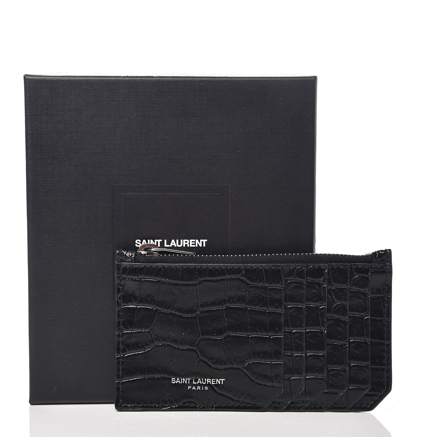 Calfskin Crocodile Embossed 5 Fragments Zip Pouch Card Holder Black