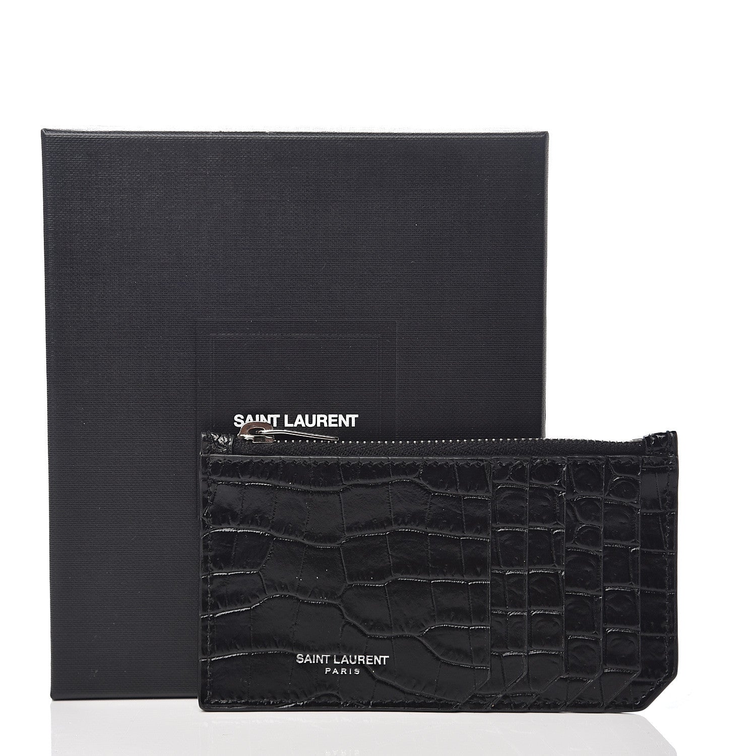 Saint Laurent Calfskin Crocodile Embossed 5 Fragments Zip Pouch Card Holder Black 6 of 6
