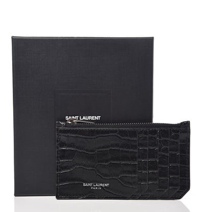 Saint Laurent Calfskin Crocodile Embossed 5 Fragments Zip Pouch Card Holder Black 6 of 6