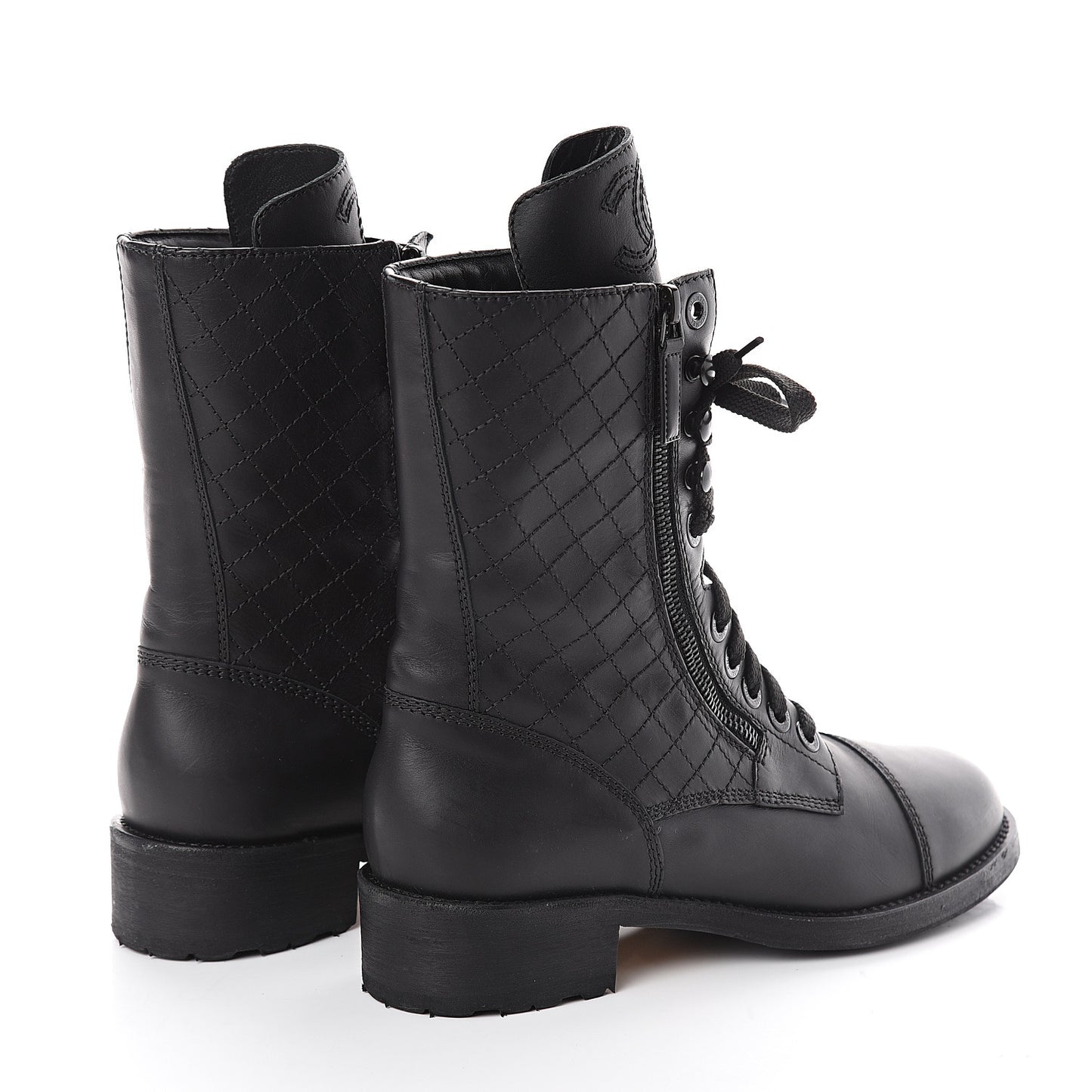 Calfskin Quilted CC Tall Lace Up Combat Boots 40 Black