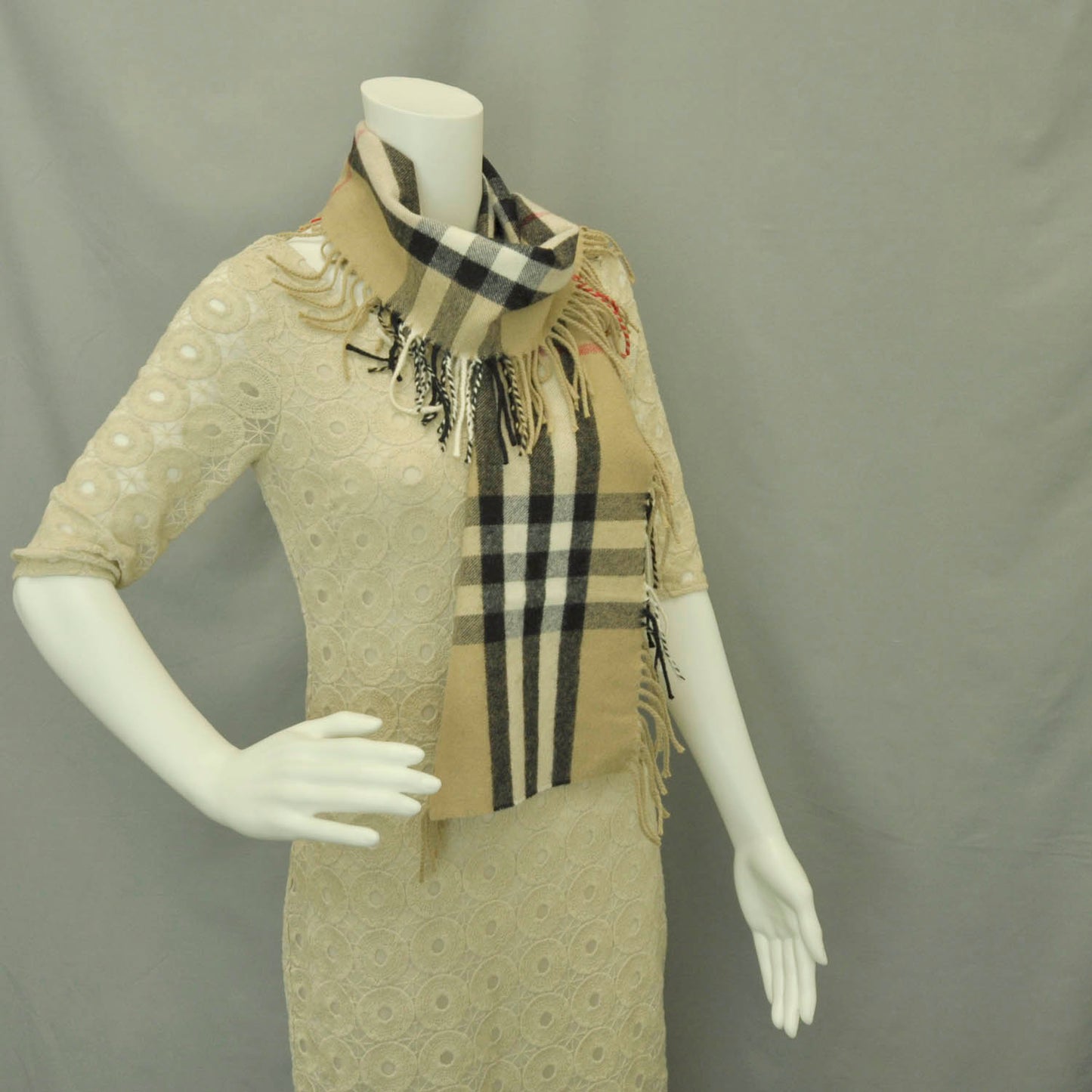Cashmere Classic Check Fringe Scarf Camel