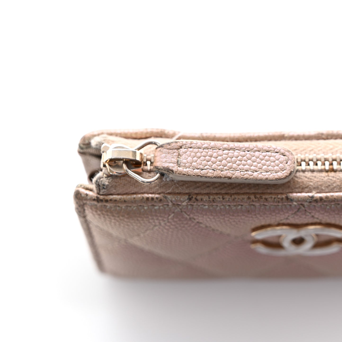 Iridescent Caviar Quilted Zipped Key Holder Case Beige
