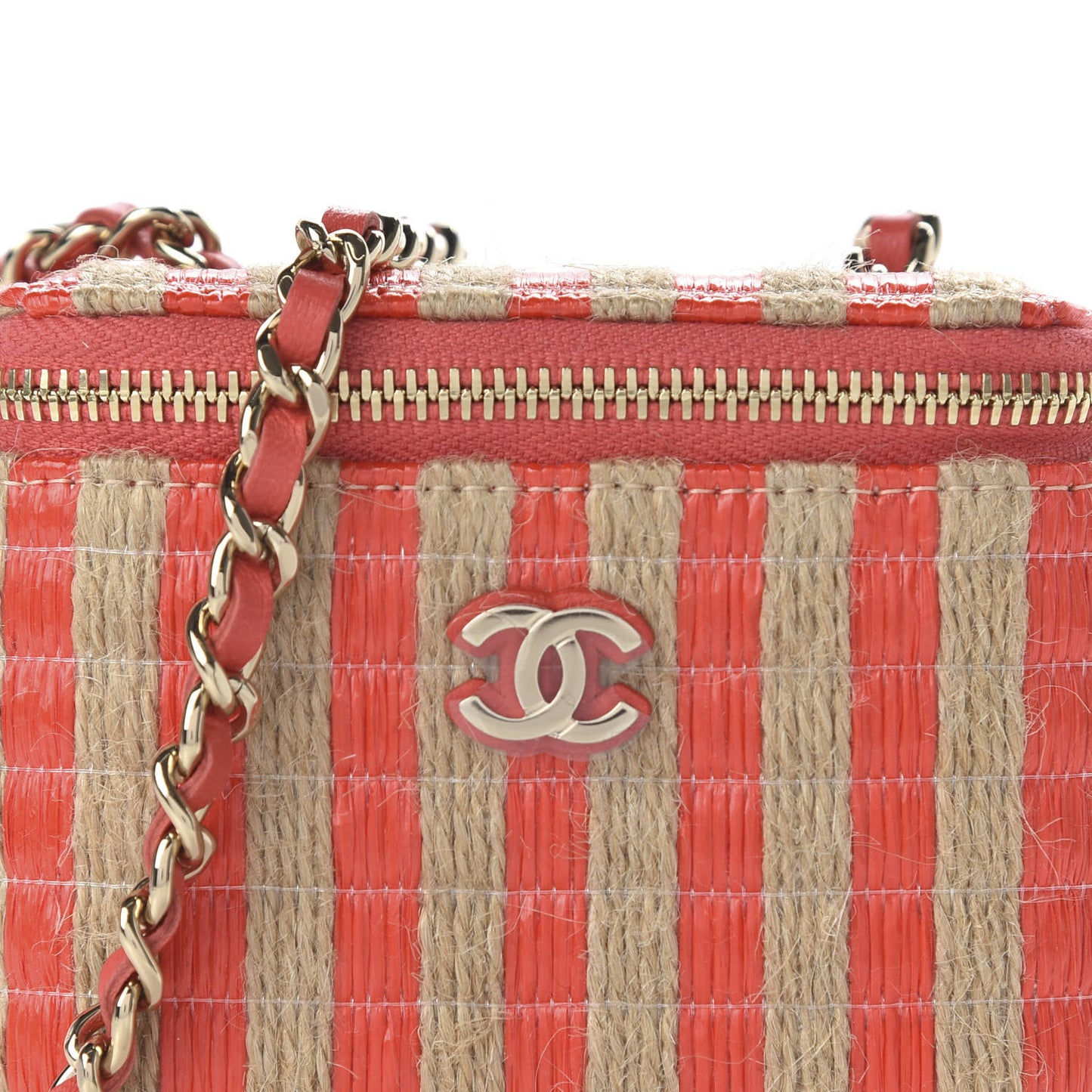 Raffia Jute Striped Mini Vanity Case With Chain Red Beige