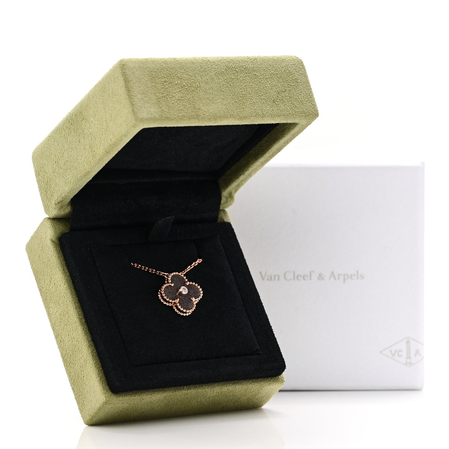 18K Rose Gold Diamond Silver Obsidian Vintage Alhambra Pendant Necklace