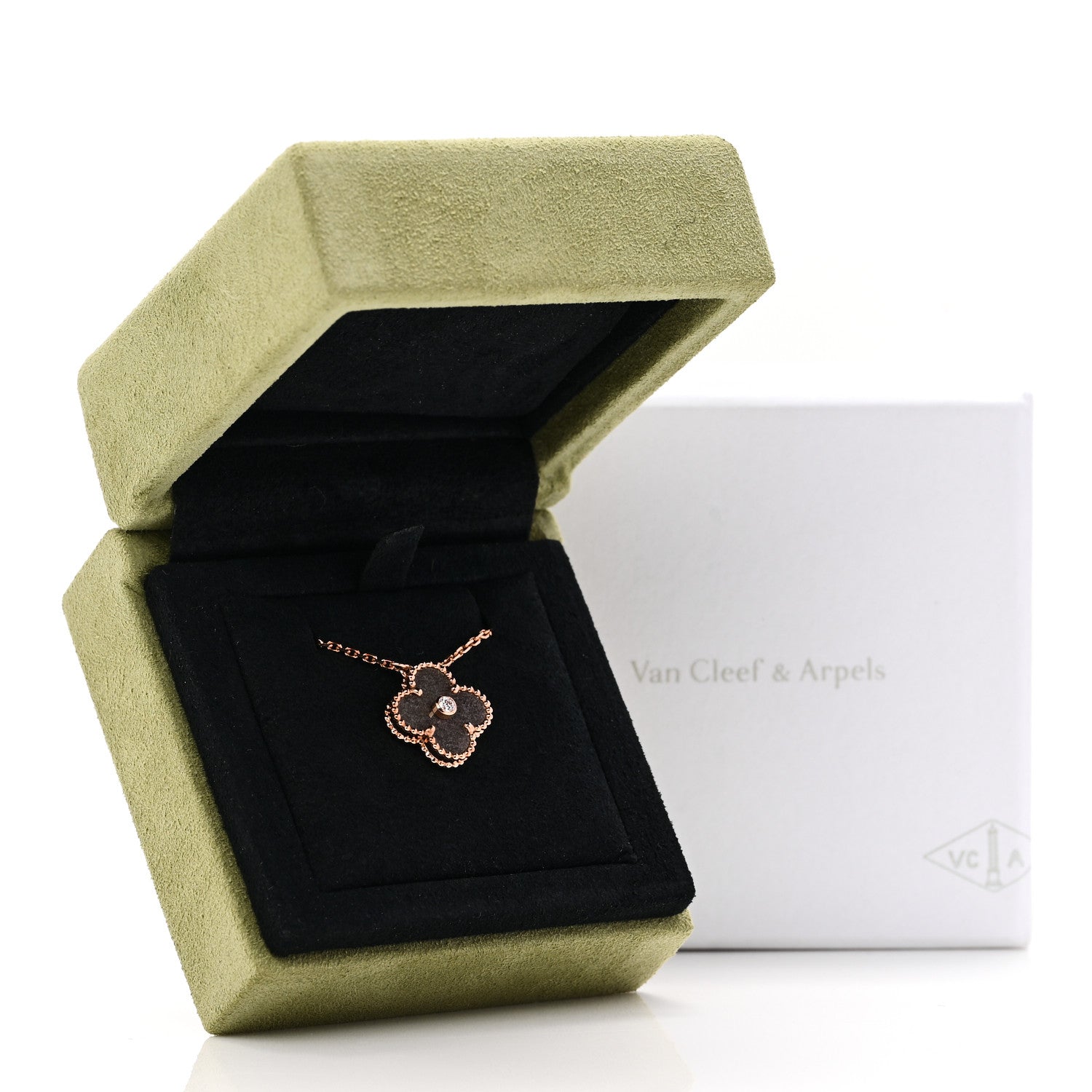 Van Cleef & Arpels 18K Rose Gold Diamond Silver Obsidian Vintage Alhambra Pendant Necklace 6 of 6