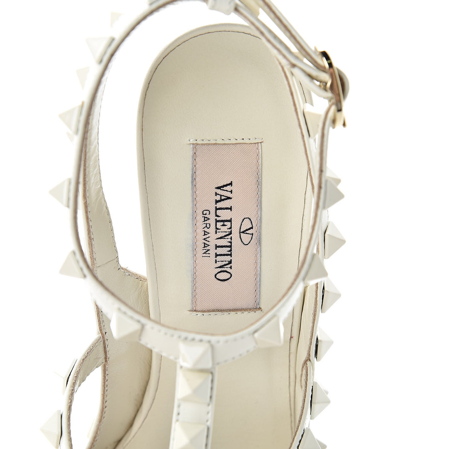 Calfskin Lacquered Monochrome Rockstud Ankle Strap 100mm Pumps 36.5 Ivory