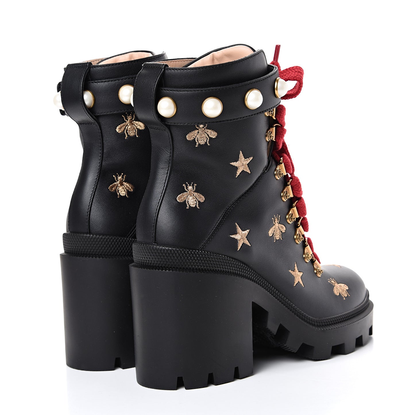 Calfskin Embroidered Lace Up Combat Ankle Boots 36.5 Black