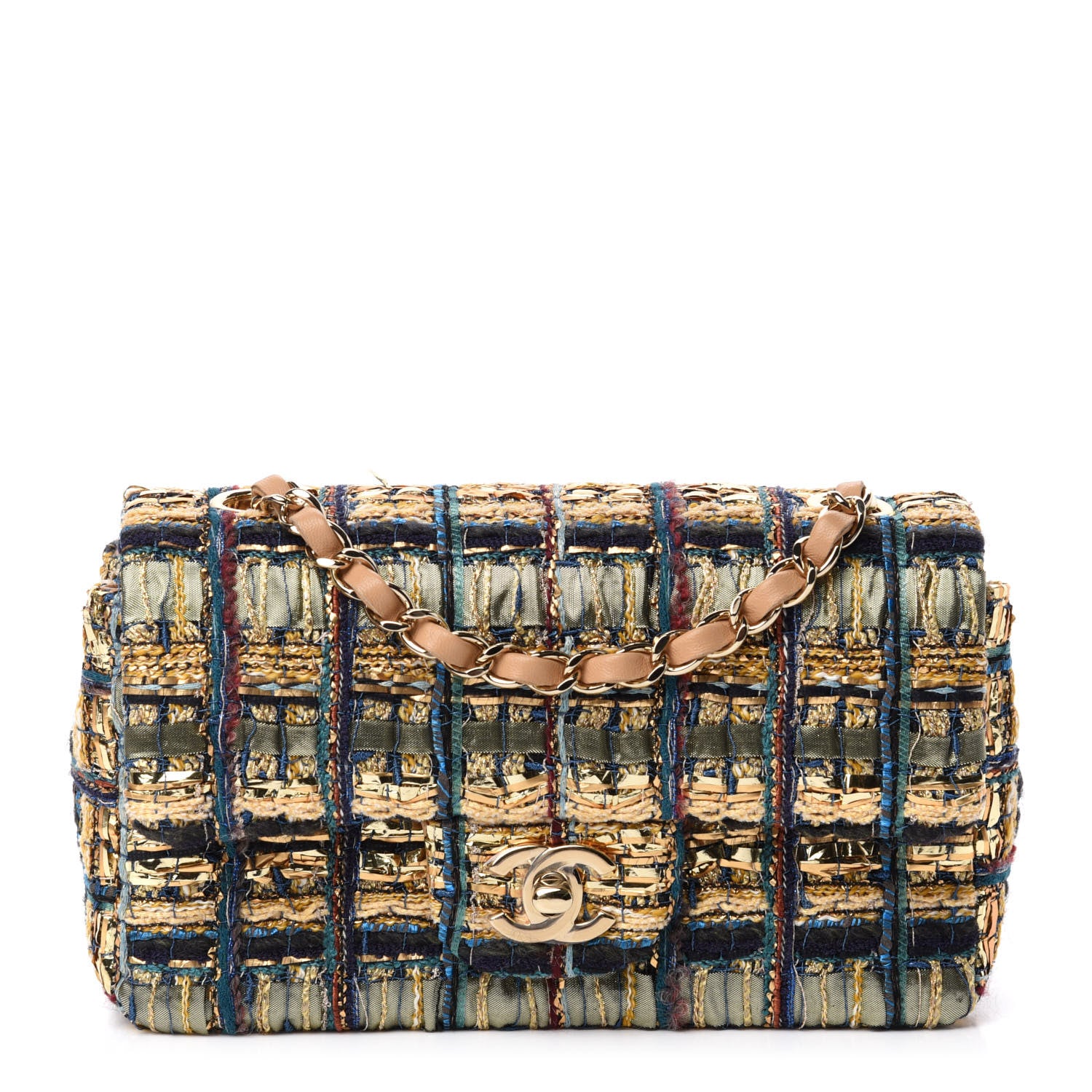 Chanel Tweed Quilted Egyptian Mini Rectangular Flap Green Black 1 of 10