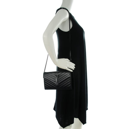 Saint Laurent Grain De Poudre Matelasse Chevron Medium Monogram Chain Wallet Black 2 of 7