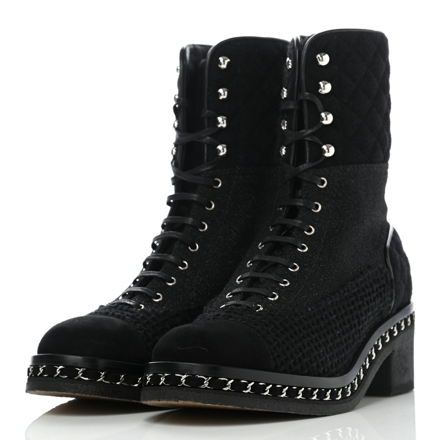 Tweed Suede Quilted Chain Short Boots 40 Black