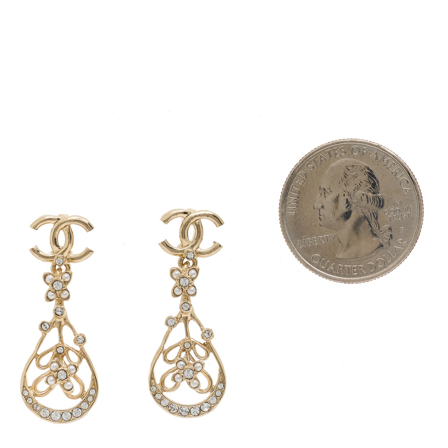 Chanel Pearl Crystal CC Flower Drop Earrings Gold 2 of 5
