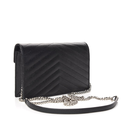 Saint Laurent Grain De Poudre Matelasse Chevron Monogram Envelope Chain Wallet Black 3 of 9