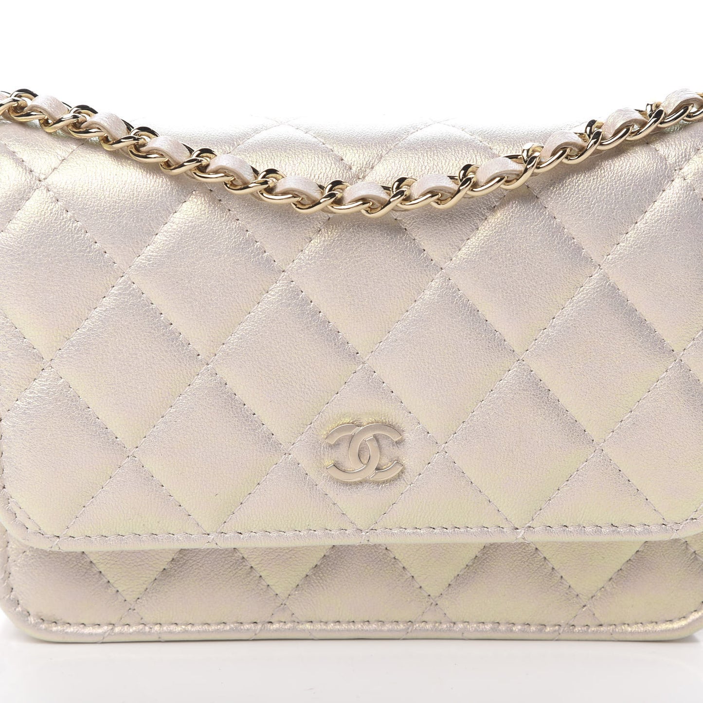 Iridescent Lambskin Quilted Mini Wallet On Chain WOC Ivory