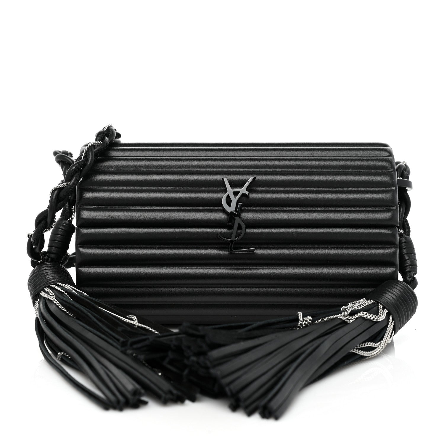 Saint Laurent Ribbed Plexiglass Lambskin Fringe Monogram Opium Box Bag Black 1 of 10