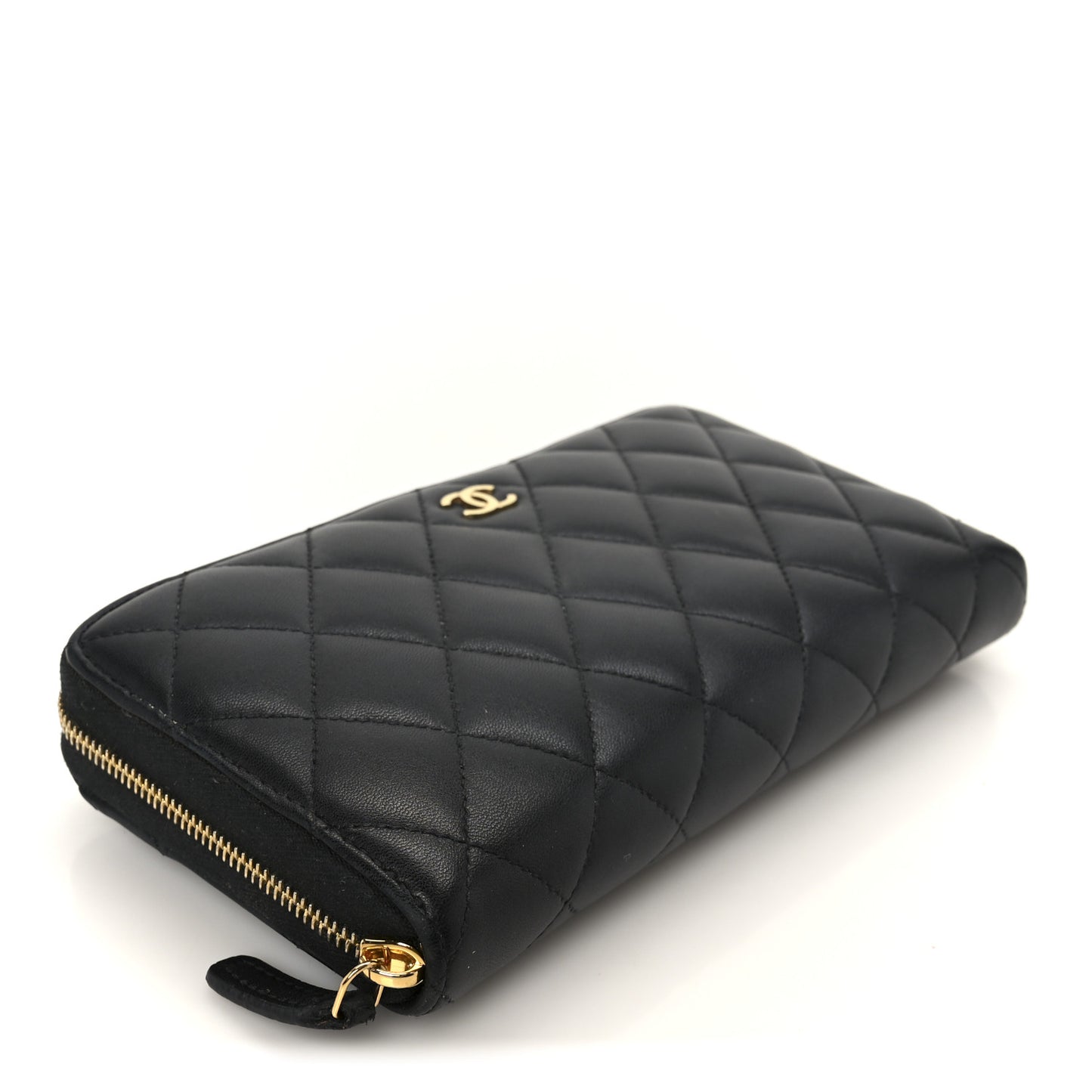 Lambskin Quilted Large Gusset Zip Around Wallet Black