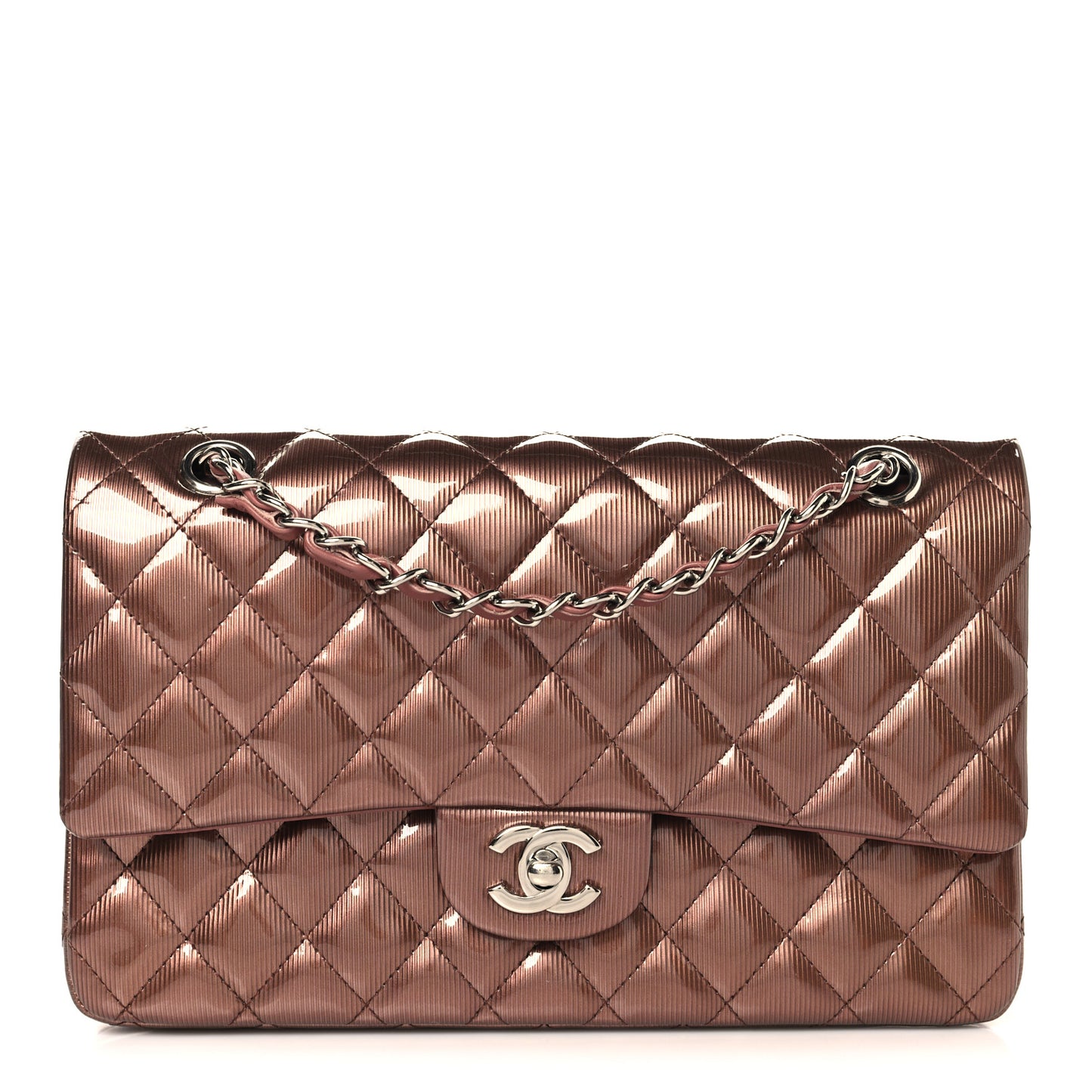 Striated Patent Quilted Medium Double Flap Bronze