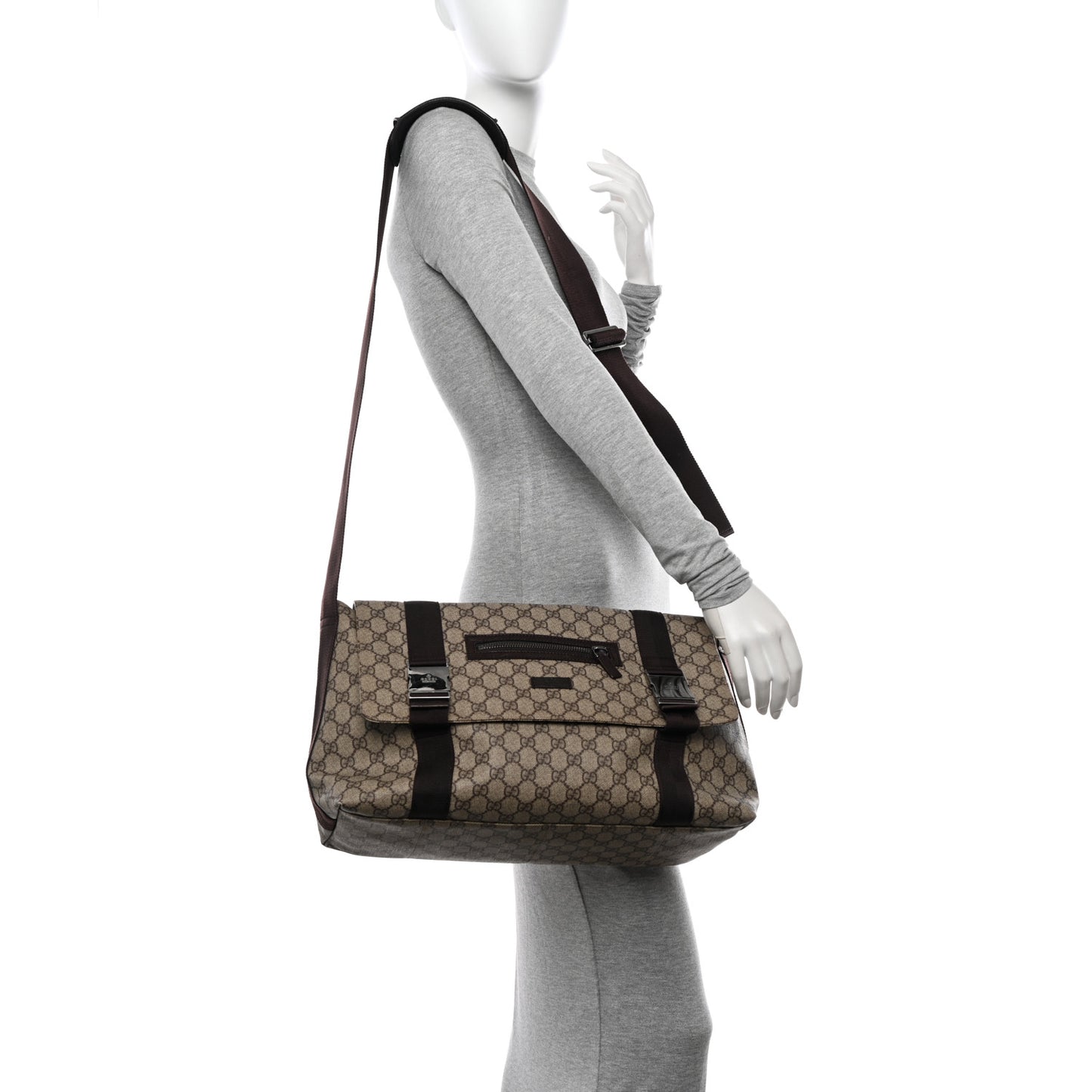 GG Plus Monogram Double Buckle Flap Messenger Bag Beige Ebony