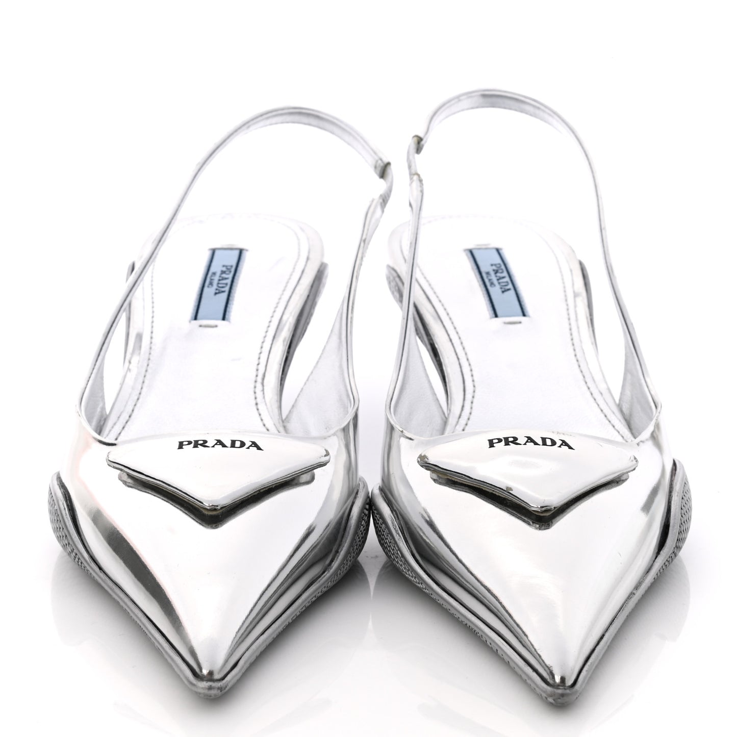 Spazzolato Triangle Logo Pointed Toe 45mm Slingback Pumps 37.5 Argento