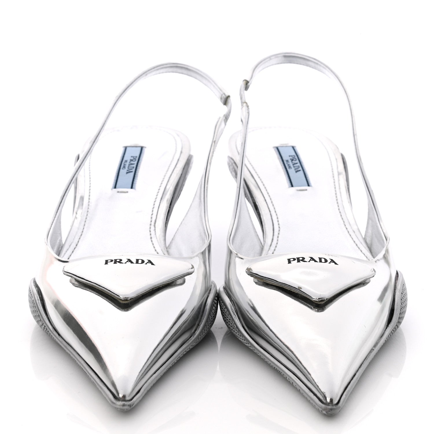 Prada Spazzolato Triangle Logo Pointed Toe 45mm Slingback Pumps 37.5 Argento 2 of 8