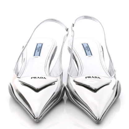 Prada Spazzolato Triangle Logo Pointed Toe 45mm Slingback Pumps 37.5 Argento 2 of 8