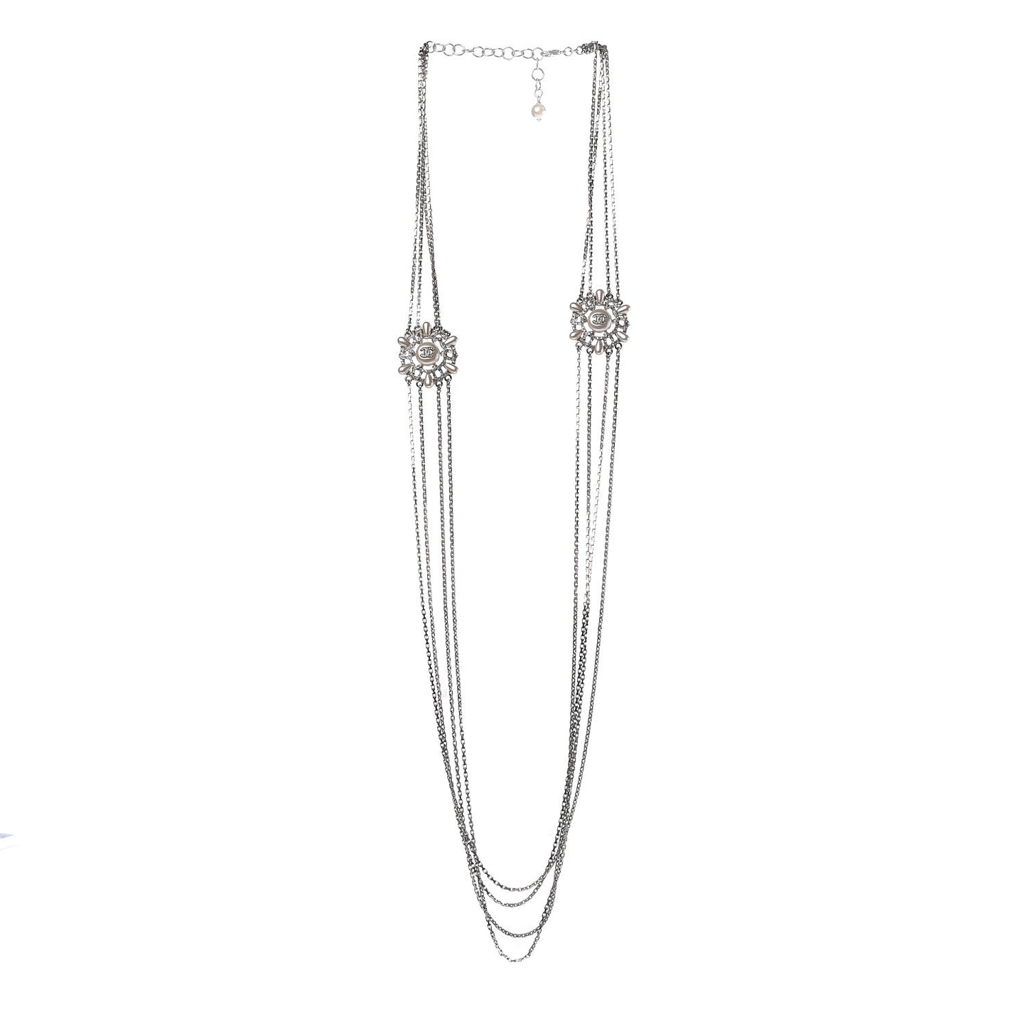 Pearl Chain CC Long Necklace Silver