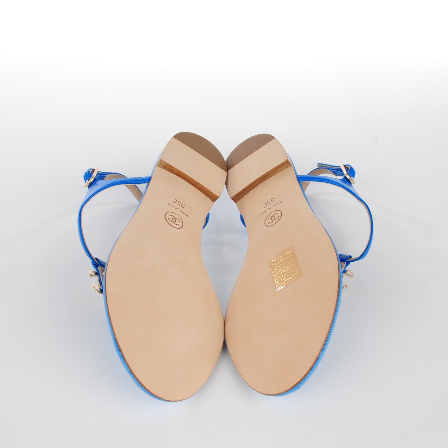 Chanel Shiny Kidskin CC Logo Thong Sandals 35 Blue 6 of 8